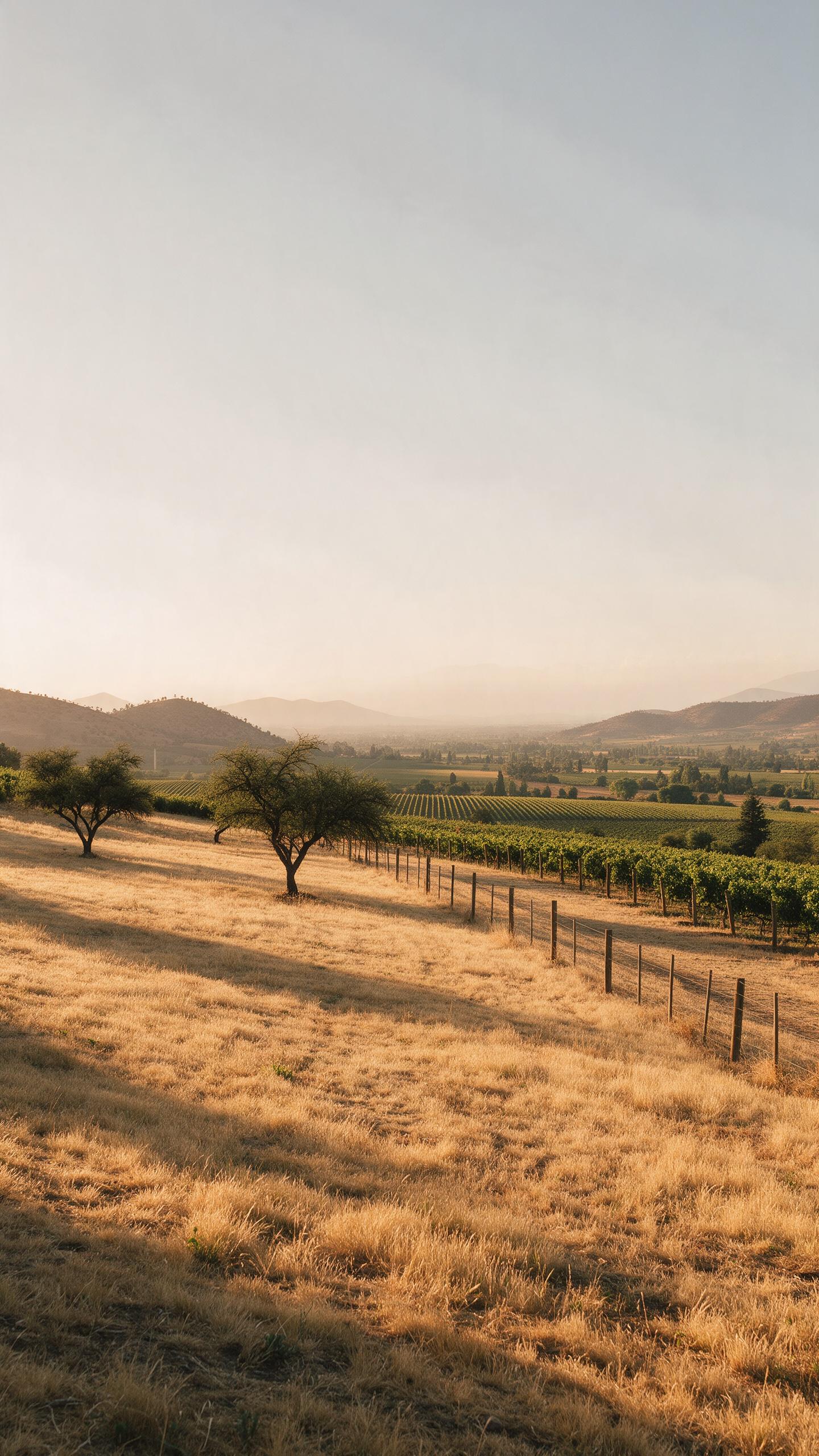 Parcela amplia al atardecer en el Valle de Colchagua, con viñedos y cerros de fondo